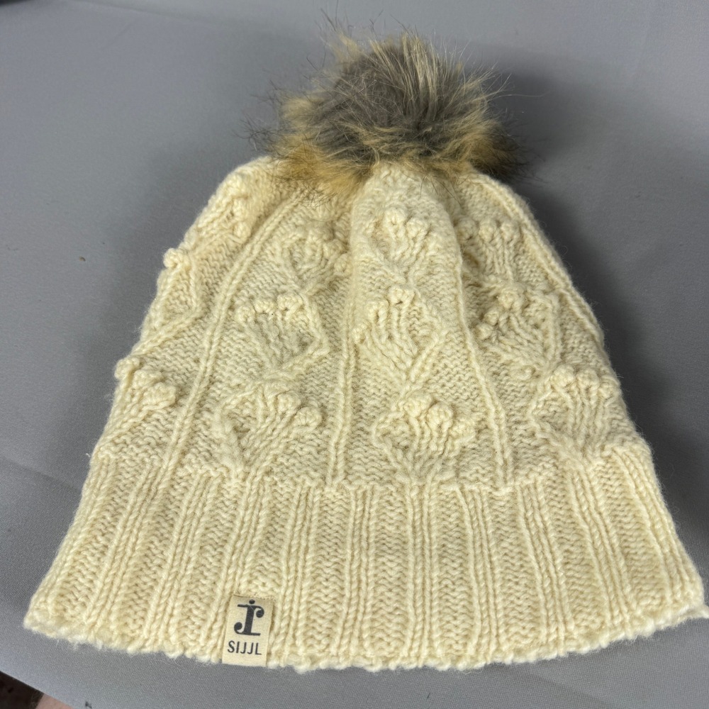 Sijjl Cream Cable Knit Beanie Faux Fur Pom Pom Fleece Lined Winter Hat Ivory - Picture 5 of 6